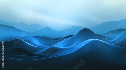 Surreal digital art isolated on white background, wide-angle view of light trails crossing desert hills, curved road lines and smooth mountain contours, speed motion blur, soft lighting and clear blue