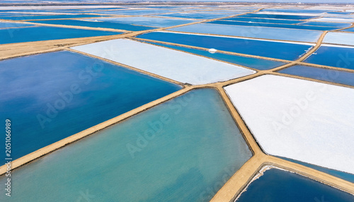 Photography Aerial view of salt evaporation ponds with vibrant blue and white mineral deposi