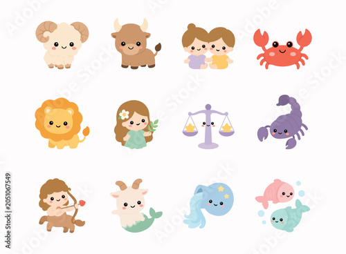 Adorable zodiac and astrology character collection featuring horoscope signs in cute kawaii cartoon style.