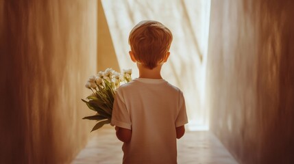 Little blond boy with white t shirt holding a bouquet of white tulips walking away in a corridor with warm colored walls, probably for mother's day
