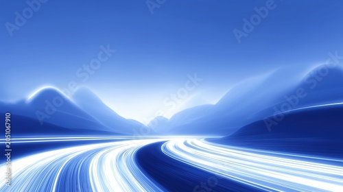 Surreal digital art isolated on white background, wide-angle view of light trails crossing desert hills, curved road lines and smooth mountain contours, speed motion blur, soft lighting and clear blue