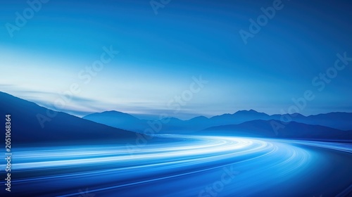 Surreal digital art isolated on white background, wide-angle view of light trails crossing desert hills, curved road lines and smooth mountain contours, speed motion blur, soft lighting and clear blue