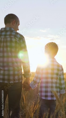 Father and son hold hands in golden wheat field. Dad and kid enjoy sunset together, creating warm family memories. Vertical shot captures and connection.