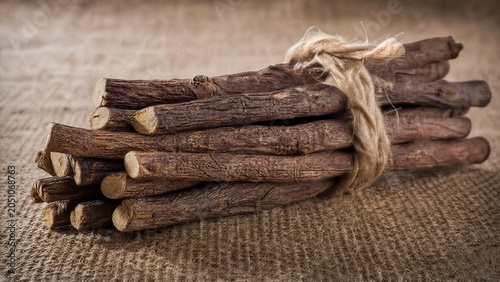 longitudinal. Bundle of dried licorice roots on burlap fabric, textural detail. gardening catalogs, home-decor guides, designed for gardening and botanical catalogs, used by art directors.