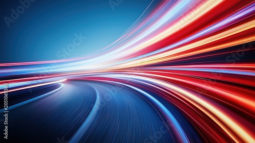 Surreal digital art isolated on white background, wide-angle view of light trails crossing desert hills, curved road lines and smooth mountain contours, speed motion blur, soft lighting and clear blue