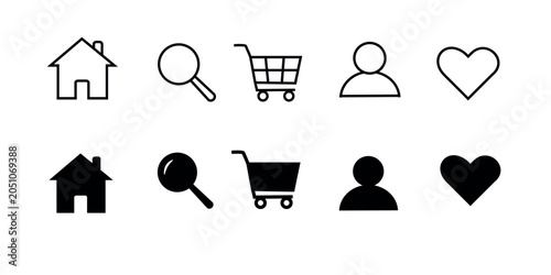 Bilde på lerret Minimalist web navigation user interface icons set featuring home page search glass shopping cart silhouette avatar profile and heart symbol in line and solid black styles