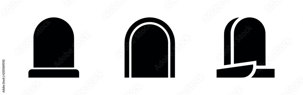 Fototapeta premium Three black silhouette icons of tombstones or grave markers, showing different shapes including a standard tombstone and a broken one.