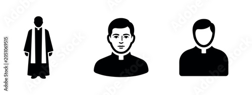 Bild auf Leinwand Three black silhouette icons representing religious figures, including a robed priest, a priest's head, and a simplified bust of a clergyman