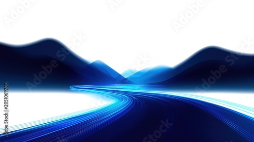 Surreal digital art isolated on white background, wide-angle view of light trails crossing desert hills, curved road lines and smooth mountain contours, speed motion blur, soft lighting and clear blue
