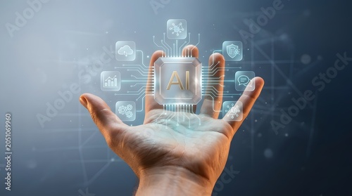 Hand Holding Artificial Intelligence Processor Icons Futuristic Digital Illustration
