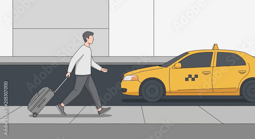 Bild auf Leinwand Man with suitcase walking towards yellow taxi cab on city street