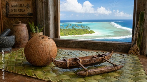 outrigger. Pandanus mat with coconut and outrigger canoe model, tropical island culture. event programs, museum guides, designed for cultural heritage projects and event programs.