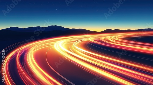Surreal digital art isolated on white background, wide-angle view of light trails crossing desert hills, curved road lines and smooth mountain contours, speed motion blur, soft lighting and clear blue