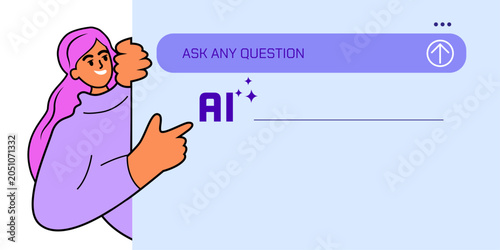 Chat bot robot speech internet. AI service mobile isolated app. Woman Asks question to AI. Artificial intelligence assistance. Digital conversation. Vector