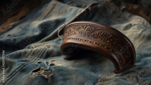 cantle. A solitary saddle cantle resting on worn denim fabric, symbolizing a journey's pause. mobility guides, transit brochures, designed for transport & logistics marketing.