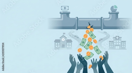 Financial leakage concept showing money falling from industrial pipeline into reaching hands of the public