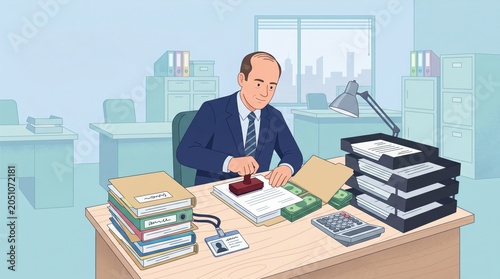 Office manager stamping paperwork at desk with stacks of files and calculator in environment