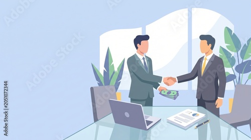 Two businessmen shaking hands and exchanging cash money in a modern office setting during a deal