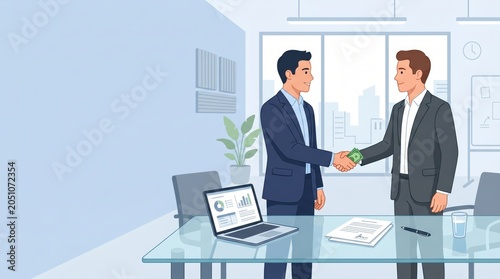 Two businessmen shaking hands and exchanging cash money during a successful meeting in a modern office