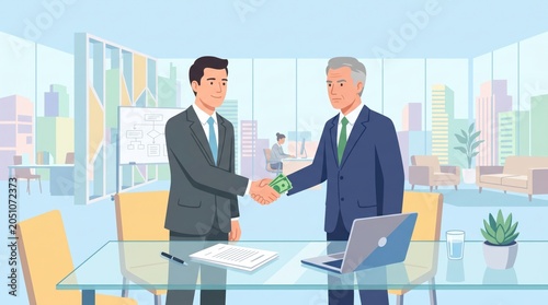 Two businessmen shaking hands over a financial deal in a modern bright corporate office setting