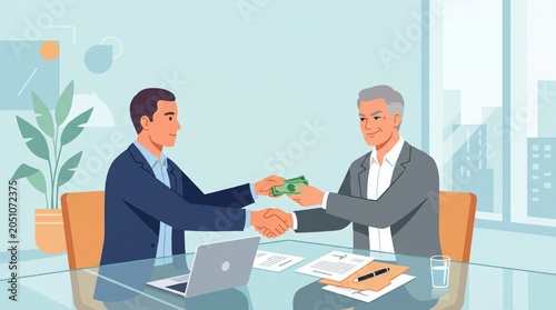 Two businessmen shaking hands and exchanging cash over a desk in a bright modern office space