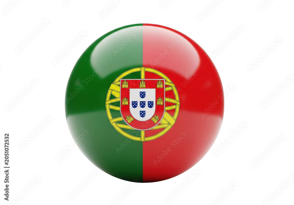 Naklejka premium 3d glossy sphere with the national flag of portugal isolated on transparent background