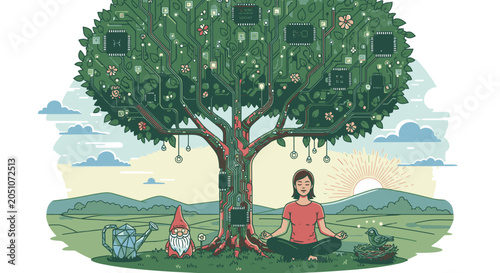 Woman meditating under a large magical tree with garden gnomes and nature elements.
