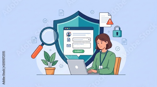 Woman working on laptop with cybersecurity protection shield and digital data privacy computer