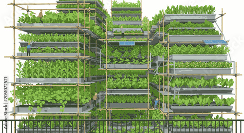 Multi-level urban vertical farming system with scaffolding structure.