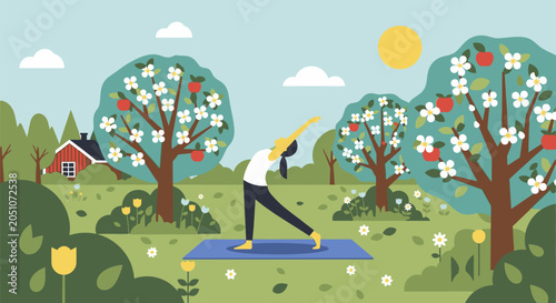Woman practicing yoga pose in a garden.