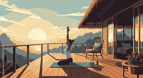 Woman practicing yoga pose on a wooden deck during sunrise.