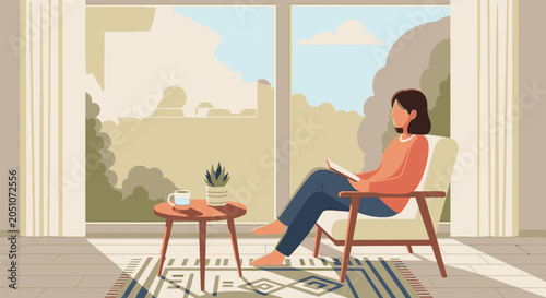 Woman sitting in an armchair reading a book at home.