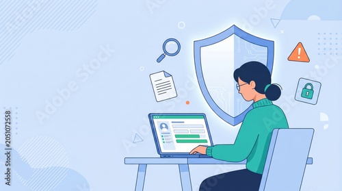 Woman working on laptop with cybersecurity protection shield and digital data privacy security set