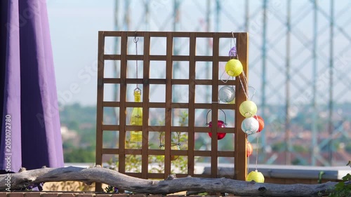 Charming Wooden Pergola with Lights on a Balcony in 4k slow motion 60fps