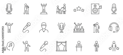 Set of Music and Performance Icons. A collection of simple, clean line art icons representing various aspects of music, singing, and public performance, including microphones, singers.