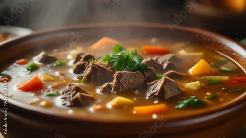 Ultra realistic cinematic footage of Mexican caldo de res, beef and vegetable soup, steam rising, no people, 4K UHD