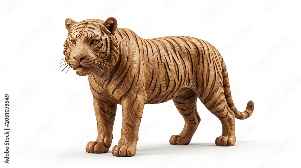 Fototapeta premium Hand Carved Wooden Tiger Sculpture Walking Pose on White Background