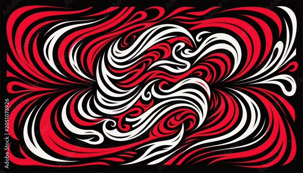Fototapeta premium Dynamic Swirling Abstract Red and White Silk Ribbons on Black Background, Cinematic Presentation