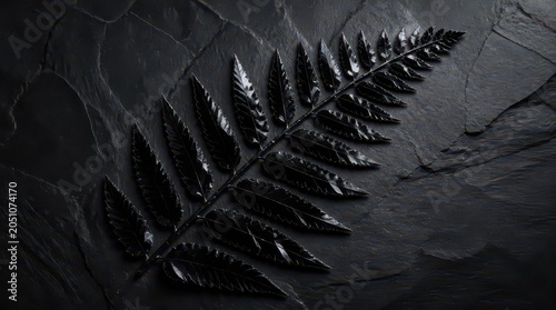 Sharp Obsidian Shards Artfully Arranged to Mimic a Fern Frond on Dark Slate Texture