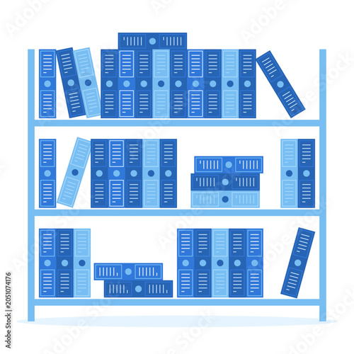 Office shelves with folders, binders and archived reports for project plan management, document storage and business organization. Flat vector illustration of office filing system.