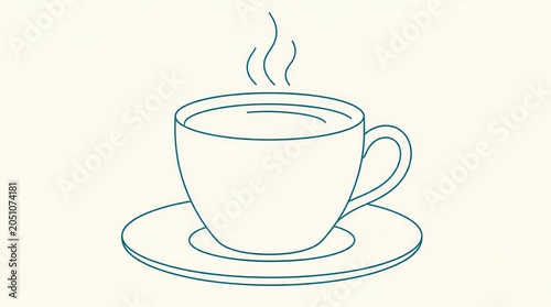 Stylized Outline of a Steaming Cup of Coffee on a Saucer, Clean Flat Design Illustration, Beverage Iconography