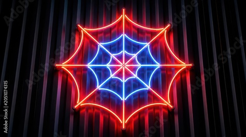 Vibrant Neon Spider Web Art Installation with Red and Blue Lights Against a Dark Textured Wall