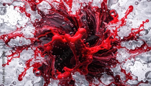 Vibrant Red Liquid Splash into Clear Fluid, Abstract Dynamic Fluid Interaction, High Speed Photography