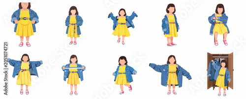 Schilderij op canvas Set of vector illustrations featuring a little girl in a yellow dress and oversi