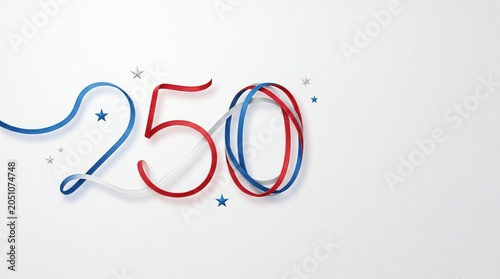 Clean patriotic design featuring thin ribbon lines forming a subtle 250 shape across a bright neutral canvas