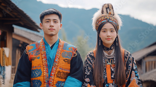 Young couple wearing traditional yi clothing posing in mountain village
