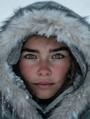 Young woman wearing winter coat with fur hood