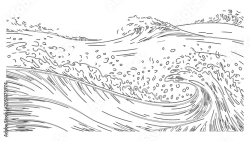 Vászonkép Dynamic ocean waves crashing on shore in sketch style.