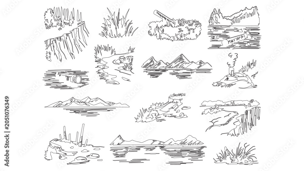 Obraz premium Nature landscape icons set featuring mountains rivers lakes and cliffs in sketch style art.