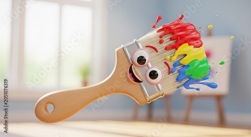 Cute 3D paintbrush character with vibrant colorful paint splashes.